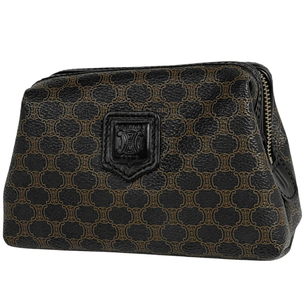 Celine Macadam Pouch Clutch Makeup Cosmetic Bag Canvas Brown Black